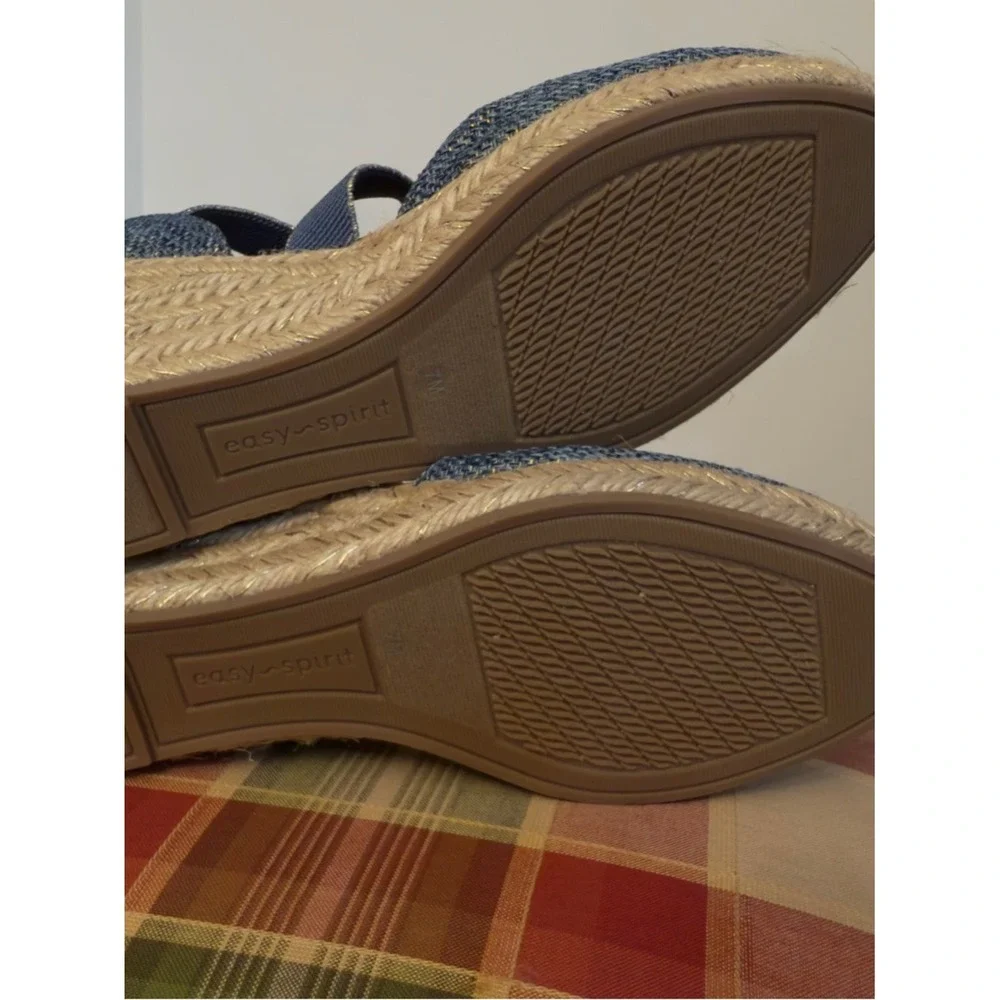 Easy Spirit Blue Espadrille Wedge Sandals | Elastic Strap Comfort Summer Shoes 7